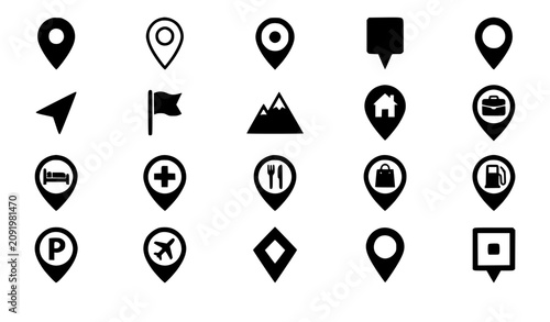 Vector illustration set of interface map pins location pointers tracking GPS markers and travel destination utility elements black silhouettes collection isolated on white background