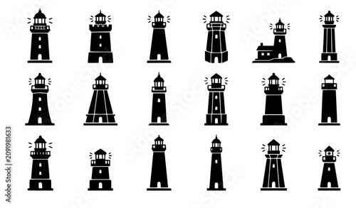 Foto Vector illustration set of historic lighthouse towers coastal maritime searchlig