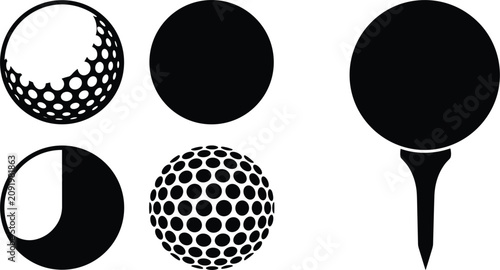 Golf ball and tee silhouette vector icon collection featuring various dimple patterns textured circles and solid shapes isolated on white background graphic elements
