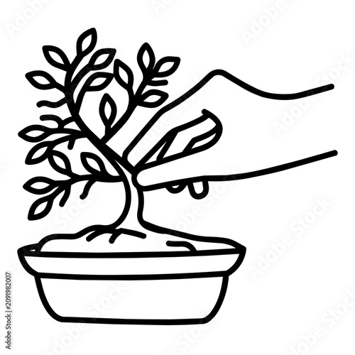 Sustain plant care routine concept hand repotting bonsai tree icon clipart delicate hand drawn black and white outline