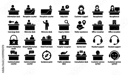 Cuadro en lienzo Vector illustration set of business reception desks customer support agents hote