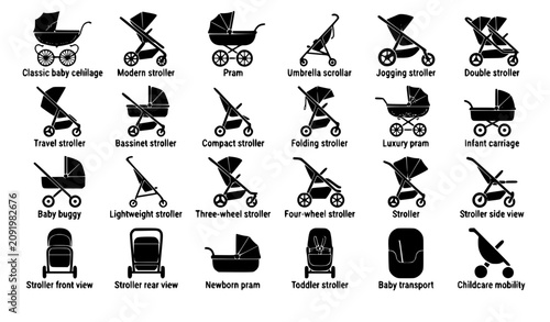 Photos Vector illustration set of baby strollers prams pushchairs and infant carriages