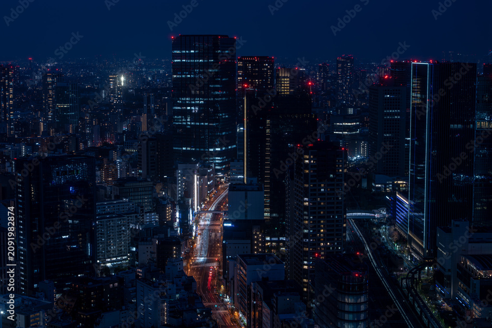 Fototapeta premium Aerial night view of Tokyo Cityscape and Tokyo sky tree from Tokyo Tower Special observation room