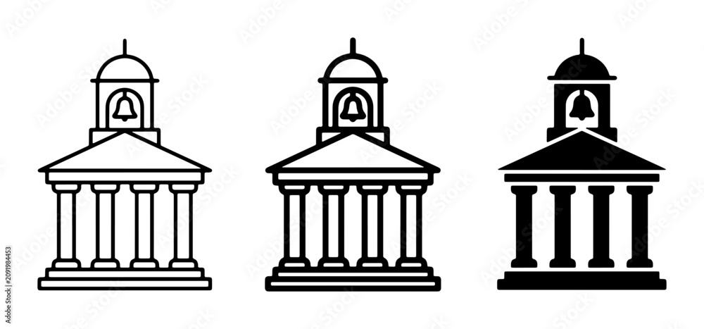 Obraz premium Classical Building Icons, Government Architecture Symbols, Civic Structures Vector Set, Courthouse and Town Hall Illustrations