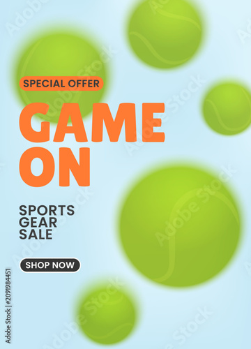 Modern sports promotional banner with green tennis balls and copy space on a blue background. Trendy template for sports gear sale, fitness campaign, tennis tournament, social media and web design.