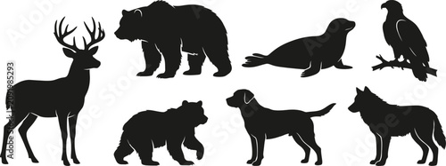 Wildlife Animal Silhouettes, Black Icons, Vector Set of 7 Animals, Nature Symbols
