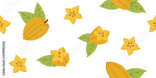 Obraz na plátně Seamless pattern whole carambola and green leaves