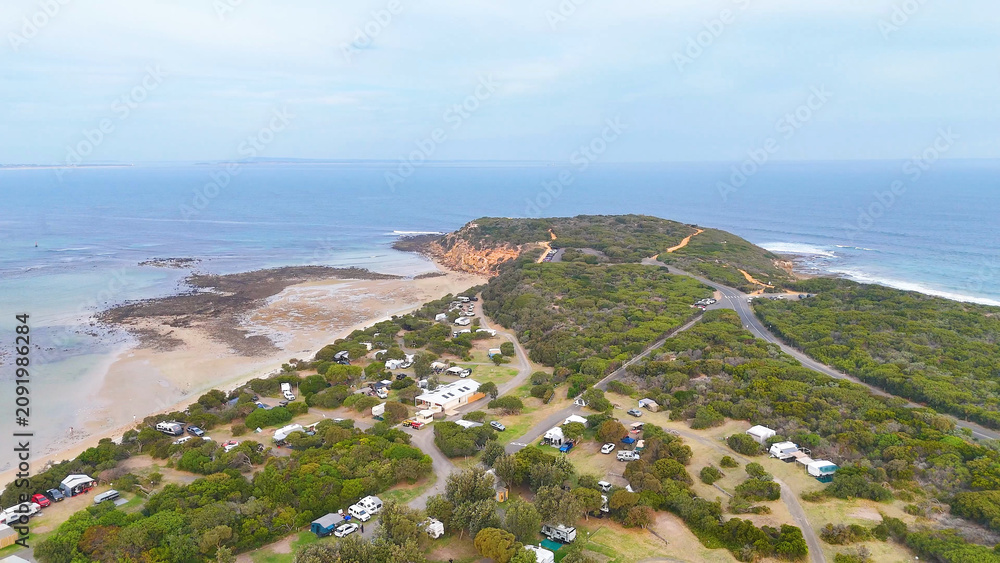 Naklejka premium Aerial View of Barwon Heads Coastline and Caravan Park