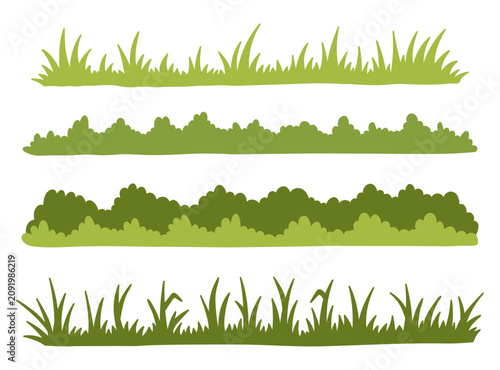 A set of green bushes and grass isolated on a white background. Vector hand-drawn illustration in flat style. Perfect for nature, spring, landscape, and outdoor design elements.