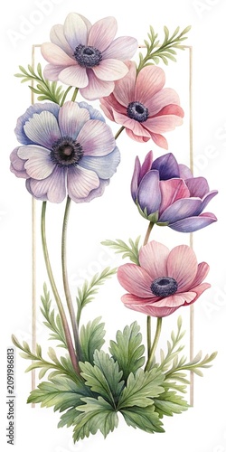 Watercolor poppies bouquet with green leaves - Beautiful watercolor illustration of poppy flowers in soft pink, purple, and white tones with delicate green foliage.