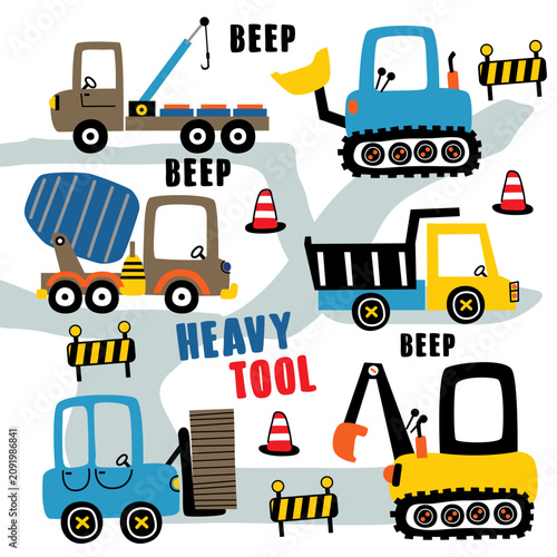 Foto Collection of colorful construction machines including crane, mixer, bulldozer, truck and excavator with Beep sound text