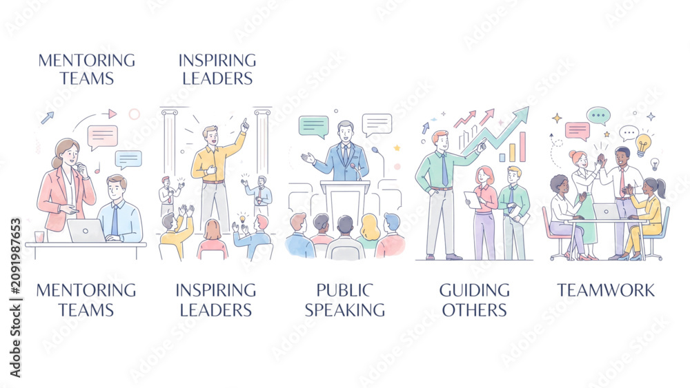 Fototapeta premium Leadership & Teamwork Colorful Line Art Icons | Premium Business Mentor Vector Collection
