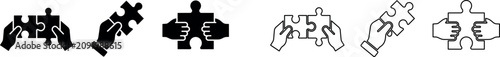 Hands holding two puzzle pieces fitting together icons in solid and outline styles