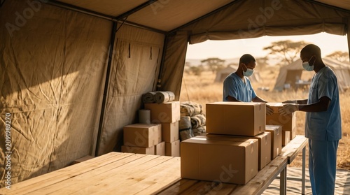 Emergency relief logistics and medical supply distribution with clinic workers inside disaster response tent camp in remote rural area