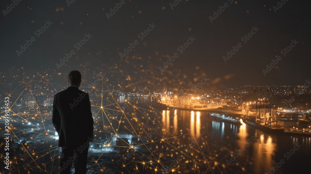 Fototapeta premium Future City Vision: A solitary businessman stands overlooking a sprawling, futuristic metropolis at night, with glowing digital networks superimposed over the cityscape.
