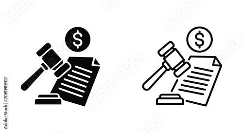 Konstfotografi Gavel And Document With Dollar Sign Icon Black Silhouette On White Background