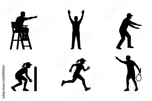 Bild auf Leinwand Sports Officials Silhouettes, Tennis Umpire, Referee Gestures, Athlete Actions,