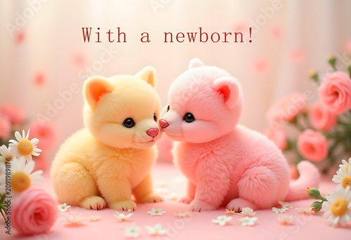 Cute plush kittens bonding with a newborn, surrounded by flowers
