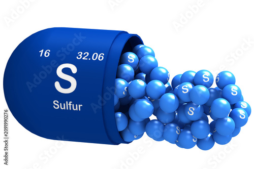 Open capsule with Sulfur element. Body essential element. Supplement capsule