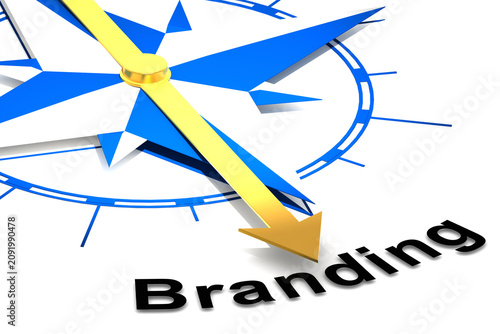 Branding word with golden arrow on compass