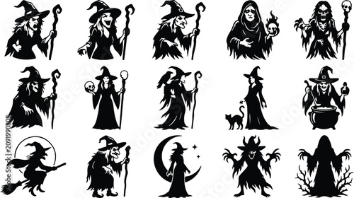 Photos Halloween Horror Witch Silhouette Collection with Evil Witch, Dark Sorceress, Sk