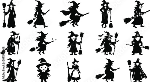 фотографія Halloween Witch Silhouette Collection with Flying Witch, Broomstick and Magic Ca
