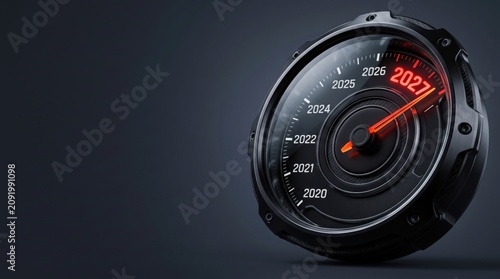 Futuristic car speedometer dashboard needle moving from year 2026 to 2027 future time progress new year corporate planning and target goals concept