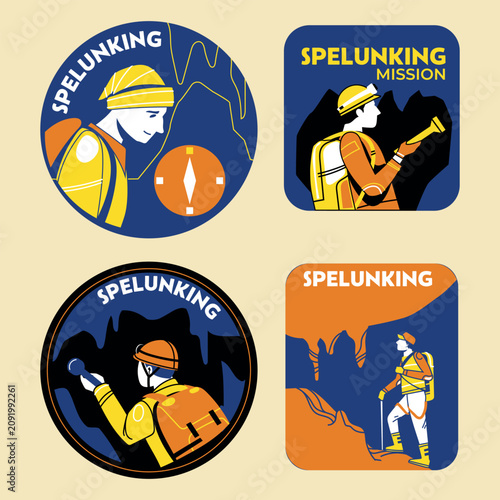Adventurers at cave spelunking badge and emblem sticker collection
