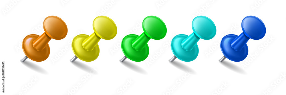 Obraz premium Set of five colorful plastic push pins with metal needles and shadows isolated on a transparent background