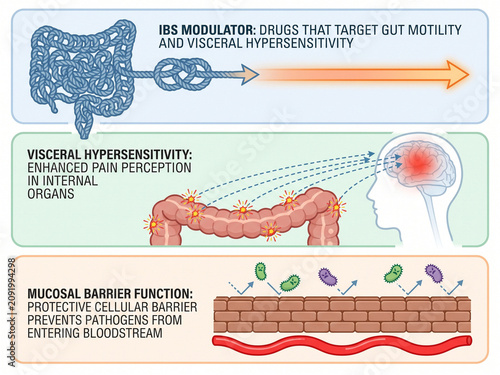 Gut health medical infographic details IBS modulators, visceral hypersensitivity, and mucosal barrier functions as core concepts for treating chronic gastrointestinal motility issues effectively.