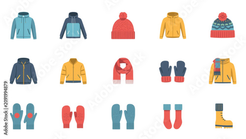 Konstfotografi Winter clothing flat icon vector set with warm jackets hoodies hats scarves mitt