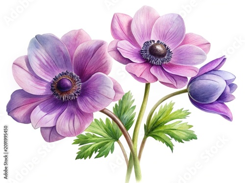 Purple anemone flowers with green leaves - Beautiful watercolor illustration of delicate purple anemone blooms with fresh green foliage.
