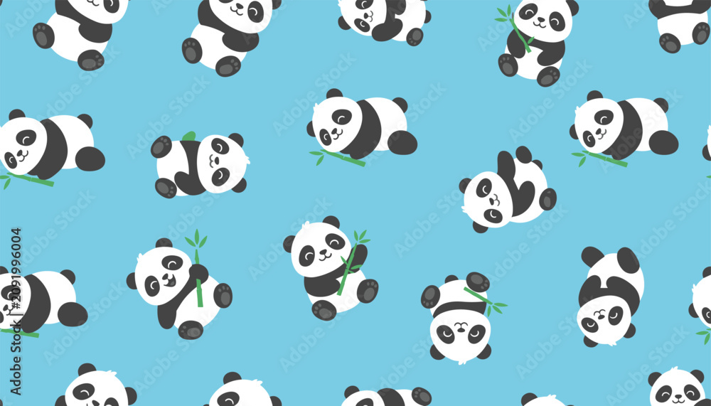 Obraz premium Seamless background pattern featuring cute cartoon pandas in various poses holding bamboo on a bright blue backdrop.