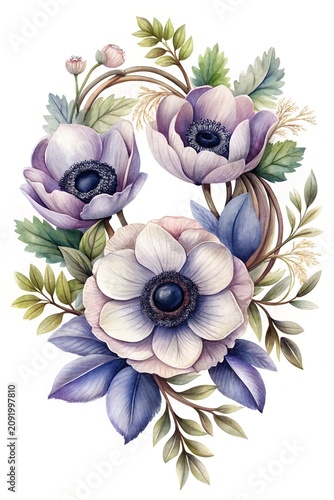 Beautiful white and purple flowers illustration - Elegant digital illustration of white and purple flowers with green leaves, perfect for nature-inspired designs.