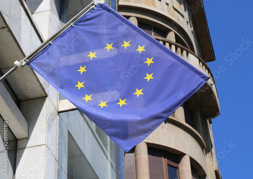 European Union flag flying in the air in Belgrade, Serbia