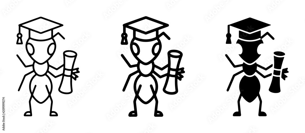 Fototapeta premium Graduation Ant Icons, Academic Insect Vector Set, Education Symbol Collection, Graduate Insect Art