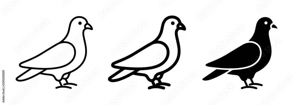 Fototapeta premium Pigeon Icons Set, Simple Bird Graphics, Minimalist Dove Silhouettes, Outline and Solid Fill Styles, Vector Art for Design Projects