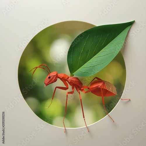 Red paper cut ant with green leaf on natural background – modern 3D insect illustration, AI generated