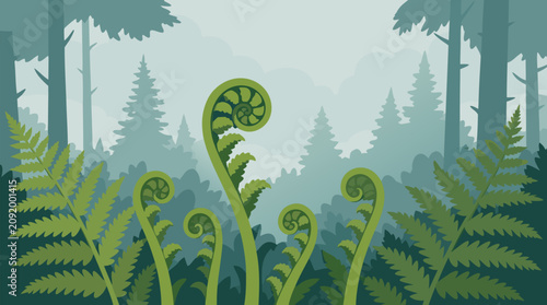 Lush vibrant green fern fronds gracefully unfurling against ethereal soft misty forest backdrop with layered delicate foliage and serene atmospheric fog creating tranquil botanical nature