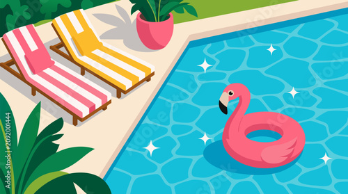 Vivid summer vector scene of colorful poolside lounge chairs pink flamingo float sparkling blue water reflections tropical plants and relaxing vacation vibes perfect for travel leisure advertising