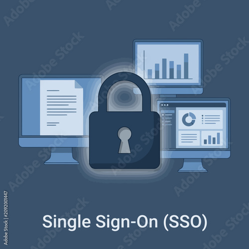 Single sign-on security concept with lock and computers Vector
