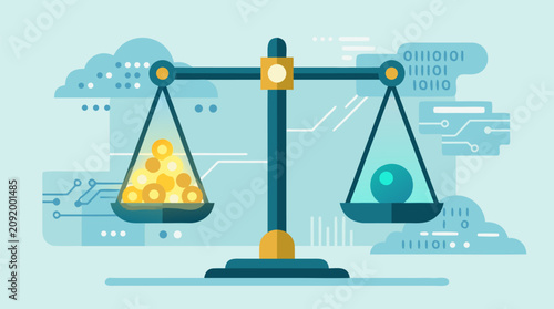 Modern abstract balance scale weighing glowing orange and teal data orbs against clean minimalist background with digital binary code technology symbols futuristic analytics finance business decision