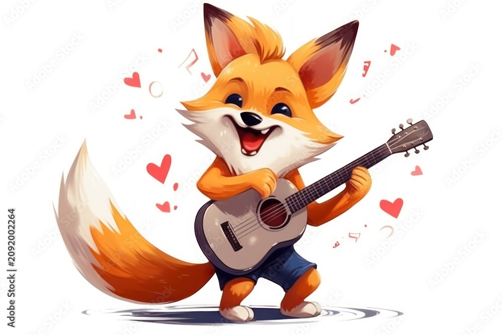 Fototapeta premium Fox character play guitar cartoon performance creativity.