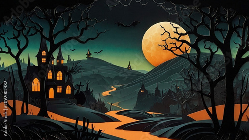 Halloween paper cut landscape with haunted house, full moon and winding path – layered 3D spooky illustration, AI generated