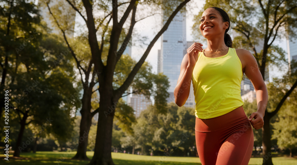 Fototapeta premium Happy athletic woman jogging through a sunny city park with skyscrapers in the background during a vibrant morning workout session