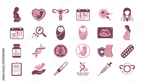 Tableau sur toile Medical and Reproductive Health Icons Set with Hearts, Uterus, Pregnancy Tests,