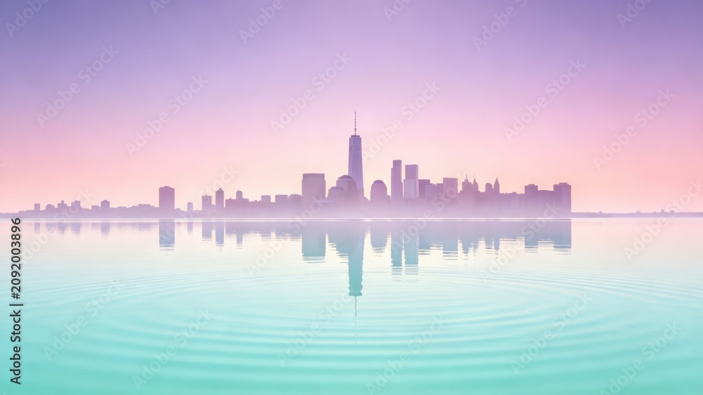 Obraz premium City skyline at sunrise with water reflection