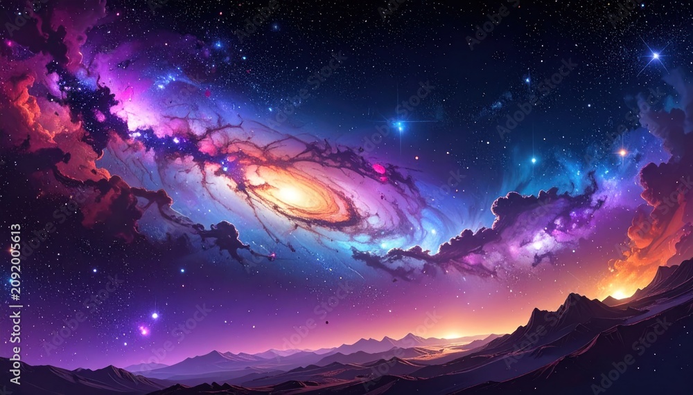 Fototapeta premium Vibrant Spiral Galaxy Over Cosmic Landscape