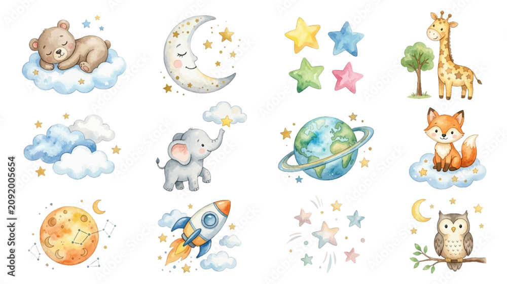 Fototapeta premium Watercolor baby nursery space elements with cute pastel animals. Collection of Vector illustrations for invitation, card, poster, banner, decoration