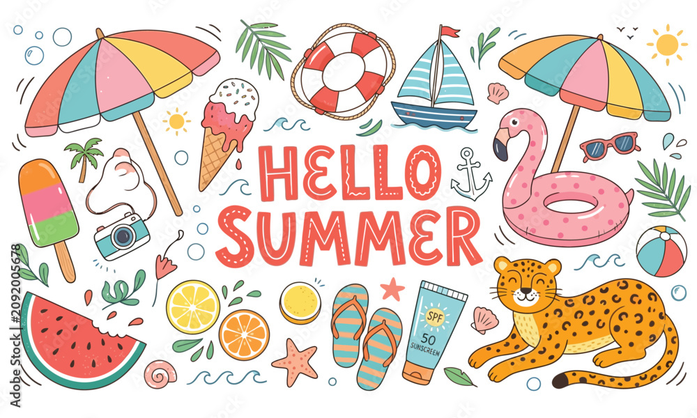 Fototapeta premium Vibrant hello summer illustration with beach and tropical elements on first day of summer